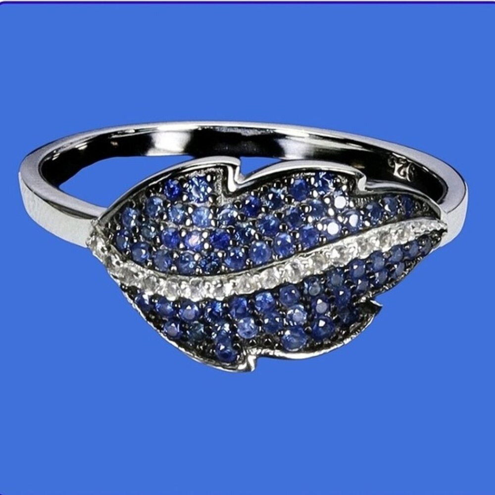 925 Sterling Silver Leaf-shaped Ring Sz 6.75 with Natural Sapphire & White Topaz